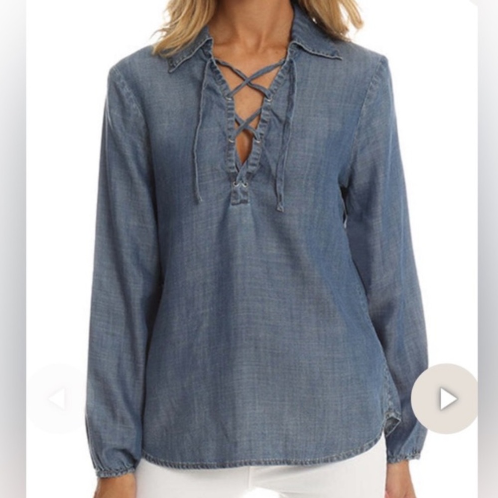 FRAME Chambray Denim Lace-Up Lightweight Long Sleeve Blouse